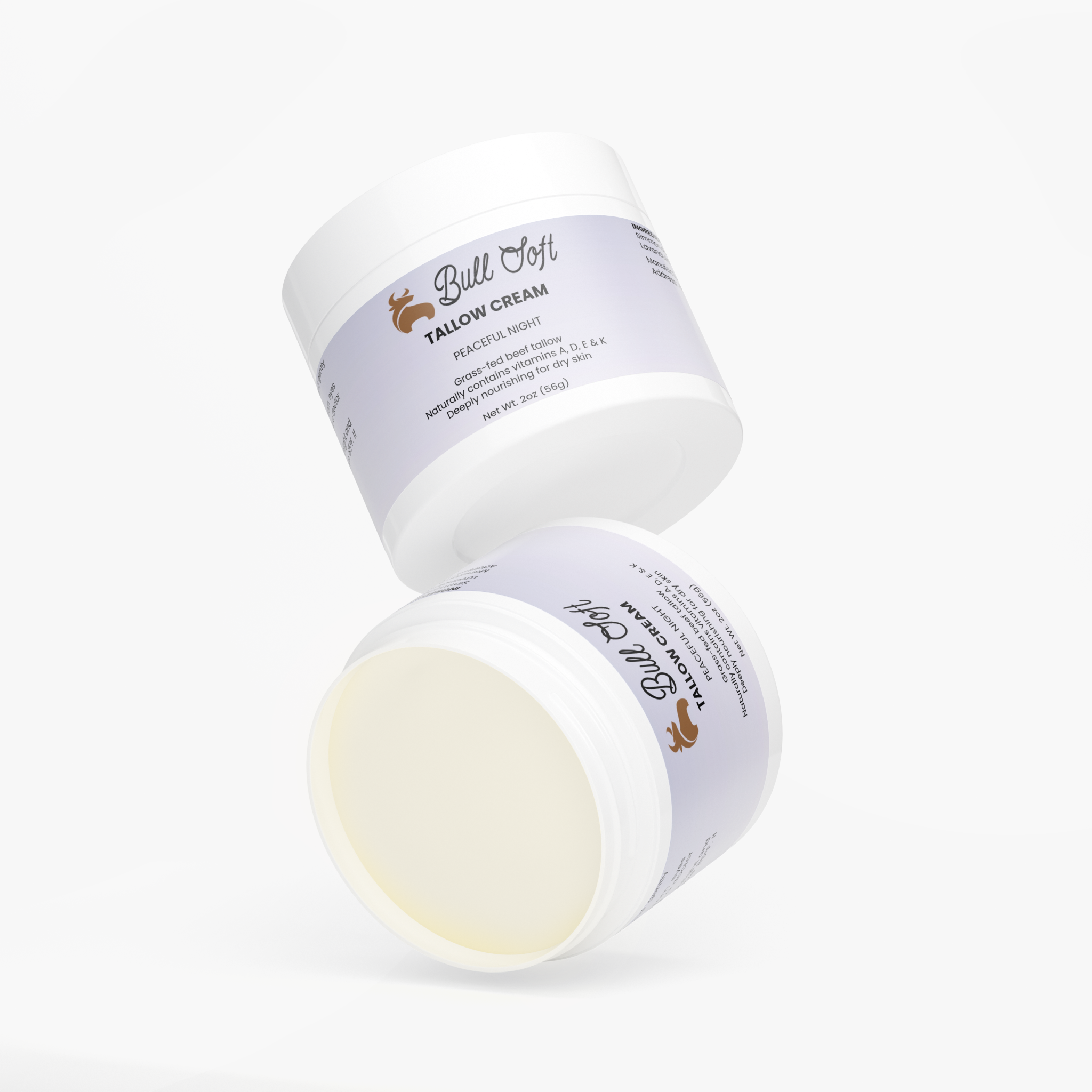 Two jars of Nightwatch beef tallow cream, one tilted to show the label